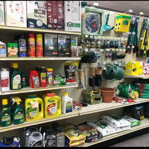 Lawn and garden supplies on display inside of Melby's Home Center.