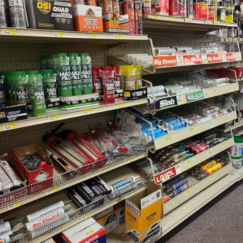 Hardware and supplies on display inside of Melby's Home Center.