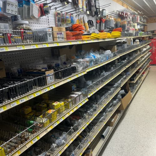 Tools and supplies on display inside of Melby's Home Center.